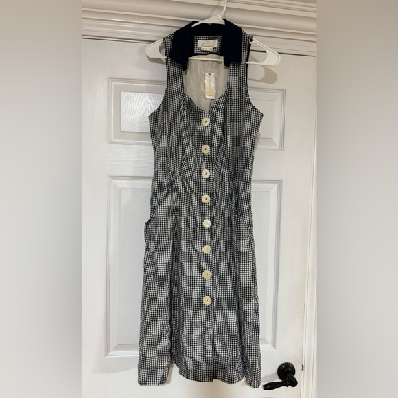 HTF Anthropologie Navy Blue Linen Cotton Gingham Camellia Collared Dress Size 10 - Picture 5 of 13